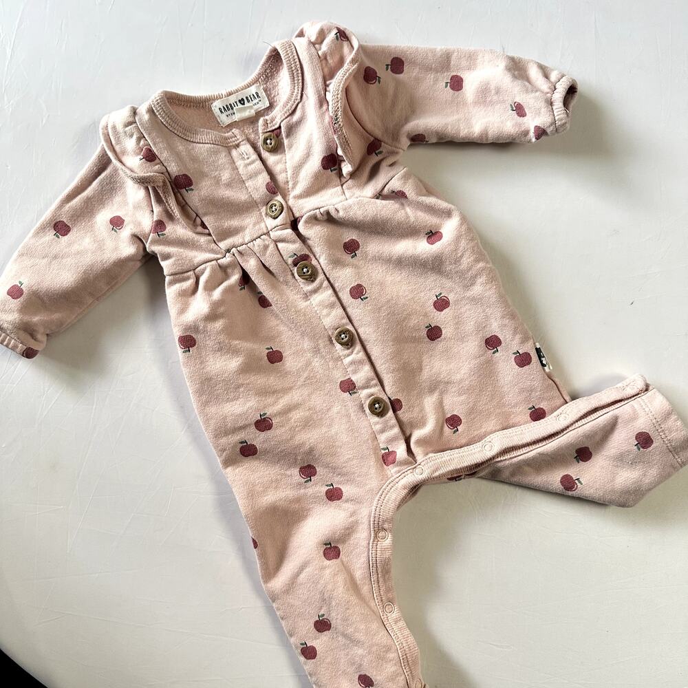 Rabbit + Bear Apple Pink Long Sleeve Jumpsuit Sz 0-3 Months
